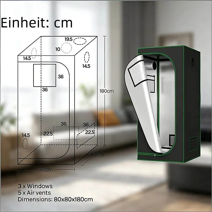 SONNENH Gewächshaus - 80 x 80 cm, Material Seitenwand: Kunststoff, Schwarz - Schwarz-grünes Growzelt, Maße 80x80x180cm, 3 Fenster und 5 Lüftungsöffnungen für Pflanzenanbau.