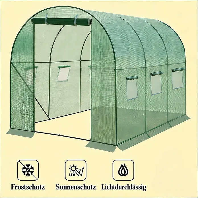 SONNENH Gewächshaus - 200 x 300 cm, Material Seitenwand: Kunststoff, Grün - Grünes Tunnelgewächshaus aus lichtdurchlässigem Gewebe mit aufrollbarem Eingang und Fenstern, bietet Frost- und Sonnenschutz.