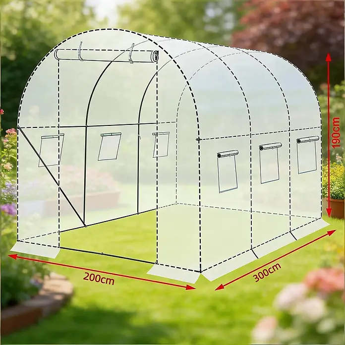 SONNENH Gewächshaus - 200 x 300 cm, Material Seitenwand: Kunststoff, Grün - Durchsichtiges Tunnelgewächshaus mit dunklem Rahmen im Garten, 200x300x190cm, mit aufrollbaren Fenstern.