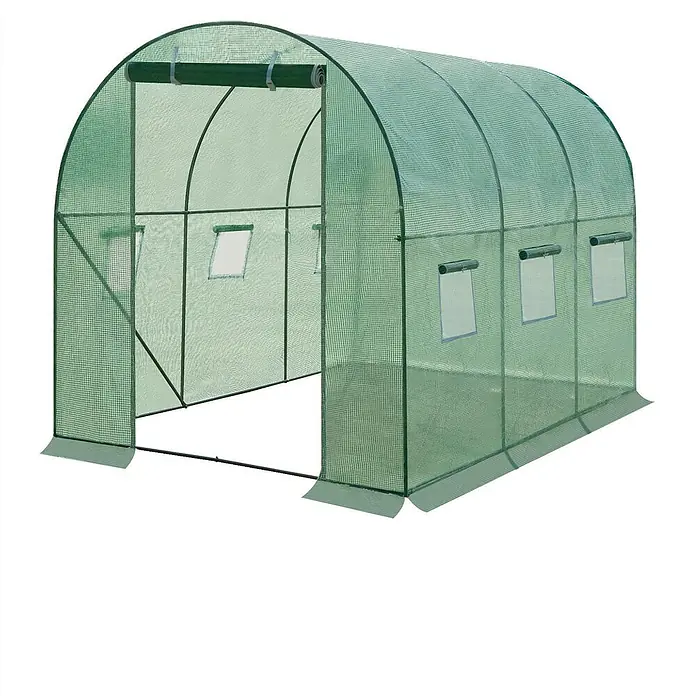 SONNENH Gewächshaus - 200 x 300 cm, Material Seitenwand: Kunststoff, Grün - Grünes Tunnelgewächshaus mit lichtdurchlässiger Netzabdeckung, Rolltür und Seitenfenstern.