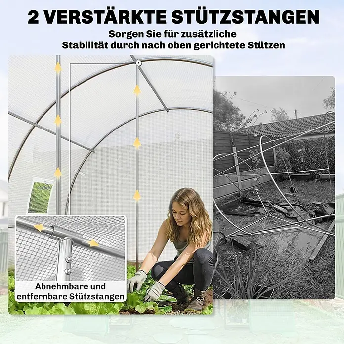 SONNENH Gewächshaus - 396 x 300 cm, Material Seitenwand: Kunststoff, Weiß - Verstärktes Gewächshaus mit abnehmbaren Stützstangen für mehr Stabilität, im Vergleich zu einem zusammengebrochenen unbewehrten Gewächshaus.