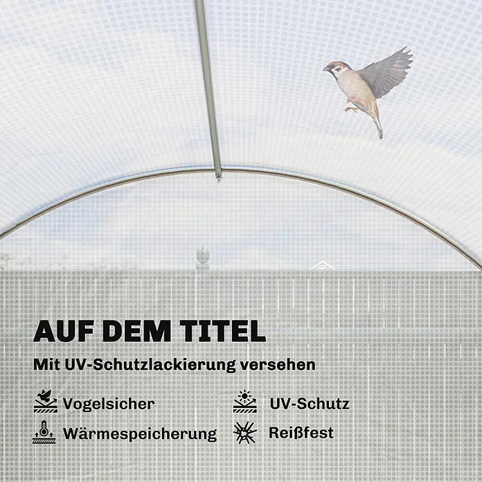 SONNENH Gewächshaus - 396 x 300 cm, Material Seitenwand: Kunststoff, Weiß - Transparente, gitterverstärkte Gewächshausfolie mit UV-Schutz, Vogelschutz, Wärmespeicherung und Reißfestigkeit.
