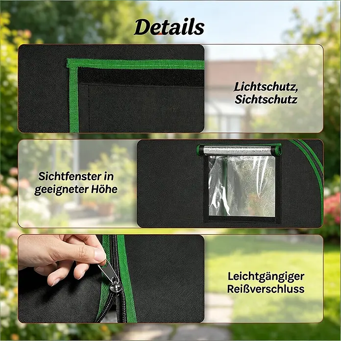 SONNENH Gewächshaus - 60 x 60 cm, Material Seitenwand: Kunststoff, Schwarz - Nahaufnahmen eines schwarzen Zuchtzelts mit grünem Besatz, Details zu Lichtschutz-Klettverschluss, rollbarem Sichtfenster und leichtgängigem Reißverschluss.