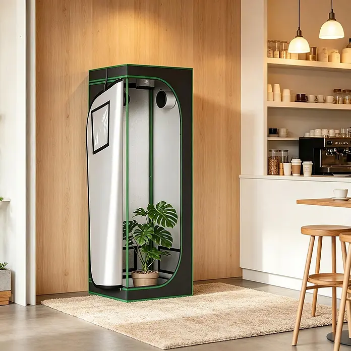 SONNENH Gewächshaus - 60 x 60 cm, Material Seitenwand: Kunststoff, Schwarz - Schwarzes Anzuchtzelt mit grünem Rand, eine Monstera-Pflanze enthaltend, auf einem Teppich in einem Raum.