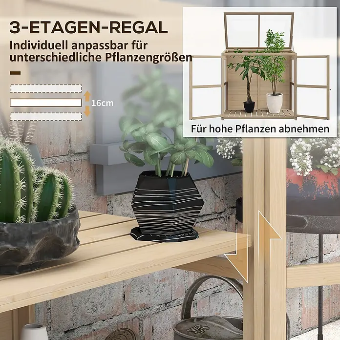 SONNENH Gewächshaus - 103 x 61 cm, Material Seitenwand: Kunststoff, Beige - Helles Holz 3-Etagen Pflanzenregal mit Pflanzen, verstellbar um 16cm für unterschiedliche Pflanzengrößen.