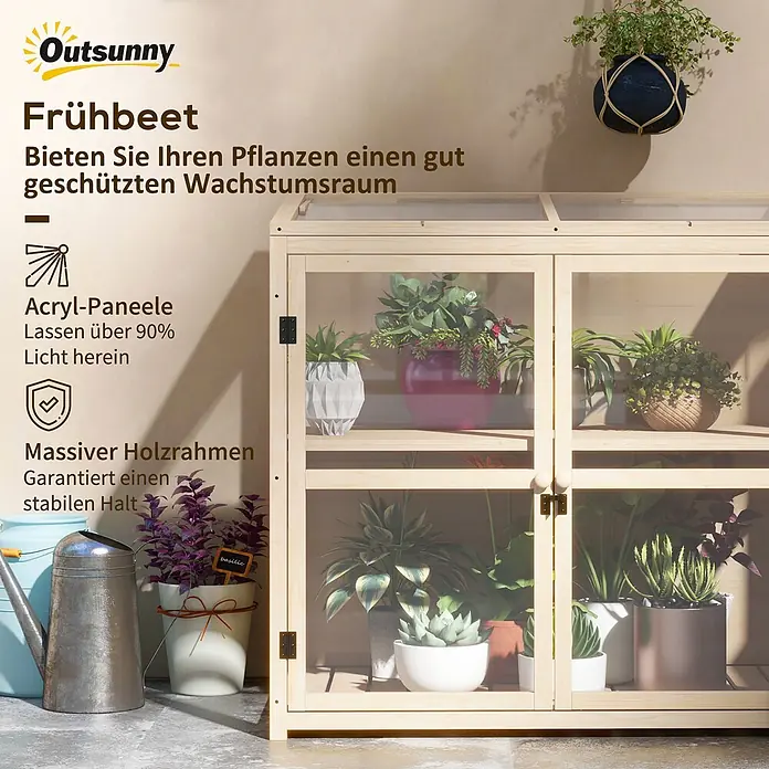 SONNENH Gewächshaus - 103 x 61 cm, Material Seitenwand: Kunststoff, Beige - Holz-Frühbeet mit Acryl-Paneelen, gefüllt mit Pflanzen. Bietet einen geschützten Wachstumsraum.