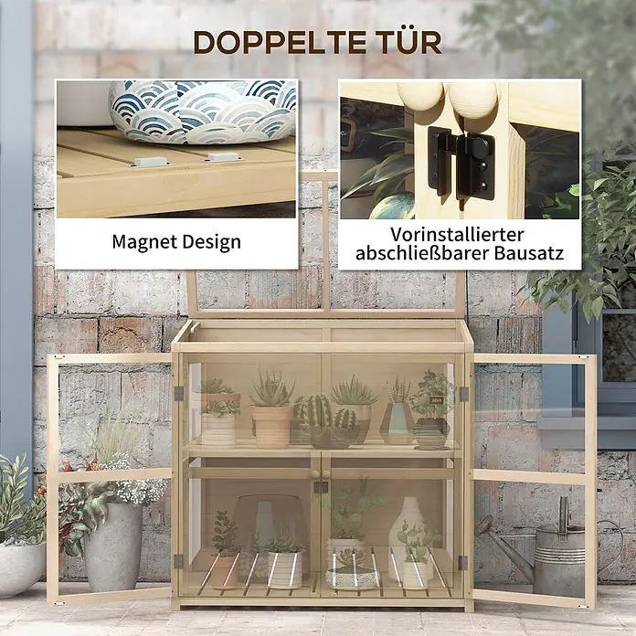 SONNENH Gewächshaus - 103 x 61 cm, Material Seitenwand: Kunststoff, Beige - Hölzerner Gewächshausschrank mit Klarglastüren im Außenbereich, ausgestattet mit Magnetverschlüssen und einem vorinstallierten abschließbaren Bausatz.