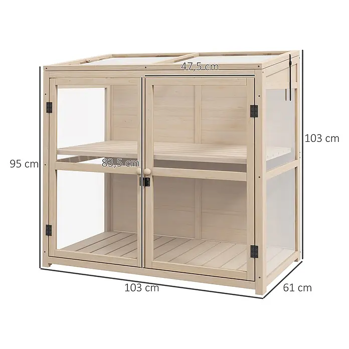 SONNENH Gewächshaus - 103 x 61 cm, Material Seitenwand: Kunststoff, Beige - Kleines Gewächshaus aus hellem Holz mit transparenten Scheiben und Ablage, 103x61x103 cm.