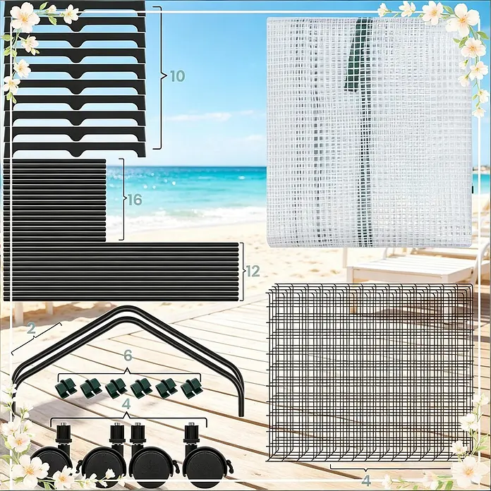 SONNENH Gewächshaus - 70 x 50 cm, Material Seitenwand: Kunststoff, Weiß - Komponenten eines Gewächshaus-Kits: schwarze Gestellteile, Regale, grüne Clips, Lenkrollen und eine weiße Gitterabdeckung, mit Mengenmarkierungen.