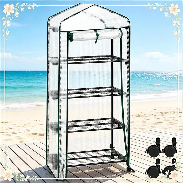SONNENH Gewächshaus - 70 x 50 cm, Material Seitenwand: Kunststoff, Weiß - Hohes, grün gerahmtes Mini-Gewächshaus mit transparenter Gitterabdeckung, mehreren schwarzen Drahtregalen und Rollen für Mobilität.