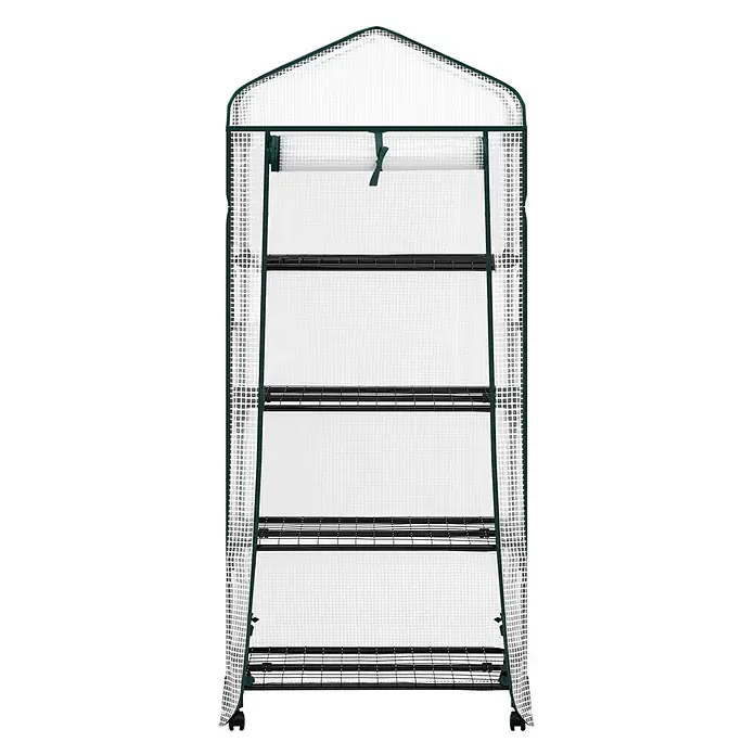 SONNENH Gewächshaus - 70 x 50 cm, Material Seitenwand: Kunststoff, Weiß - Tragbares Minigewächshaus mit transparenter, gittergemusterter Abdeckung, dunkelgrünem Rahmen und vier schwarzen Drahtregalen für Pflanzen.