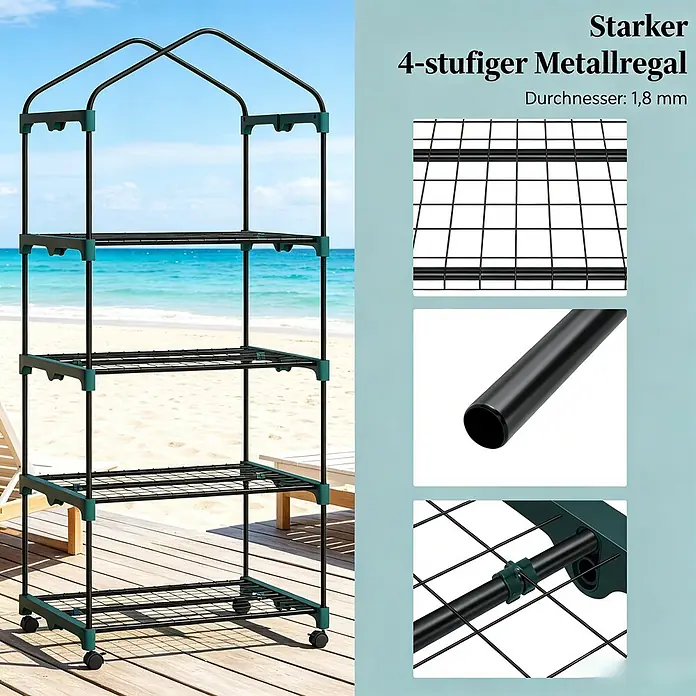 SONNENH Gewächshaus - 70 x 50 cm, Material Seitenwand: Kunststoff, Weiß - Dunkelgrünes und schwarzes 4-stufiges Metallregal mit Rollen, für den Innen- und Außenbereich, auf einer Strandpromenade.