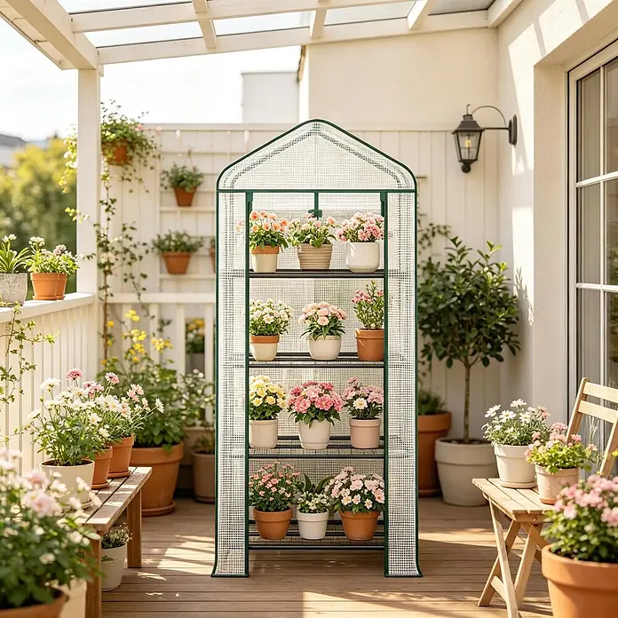 SONNENH Gewächshaus - 70 x 50 cm, Material Seitenwand: Kunststoff, Weiß - Kleines, tragbares Gewächshaus mit grünem Rahmen und durchsichtiger Abdeckung, gefüllt mit Topfpflanzen auf einem sonnigen Balkon.