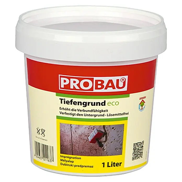 Probau eco Tiefengrund - 1 l - Eimer Probau Tiefengrund eco. Erhöht die Verbundfähigkeit, verfestigt den Untergrund, lösemittelfrei und ist geeignet für viele Untergründe.
