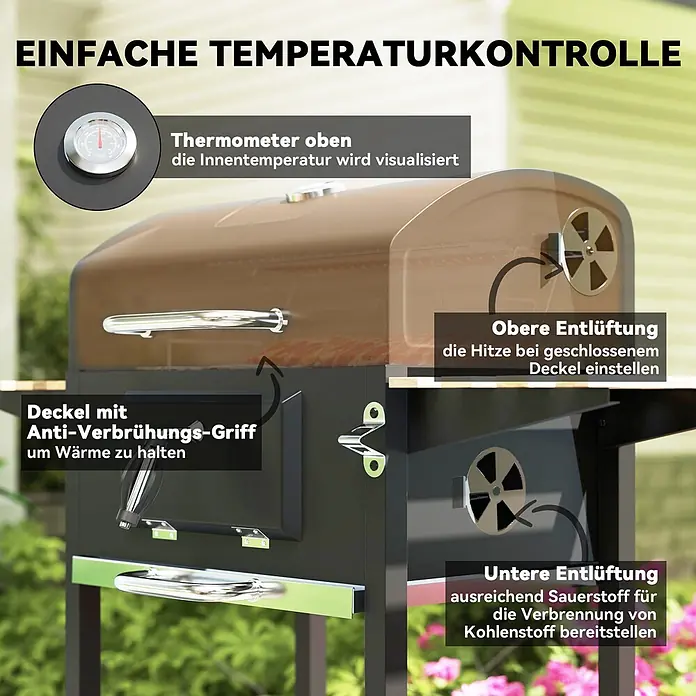 Outsunny Holzkohlegrill - Grillfläche (B x T): 70 x 40 cm, Durchmesser Grillfläche: 80 cm, Schwarz