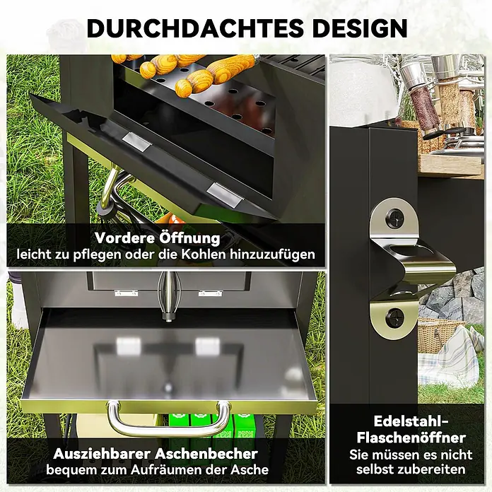 Outsunny Holzkohlegrill - Grillfläche (B x T): 70 x 40 cm, Durchmesser Grillfläche: 80 cm, Schwarz
