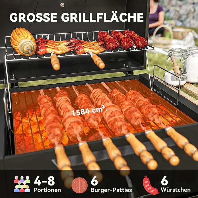 Outsunny Holzkohlegrill - Grillfläche (B x T): 70 x 40 cm, Durchmesser Grillfläche: 80 cm, Schwarz