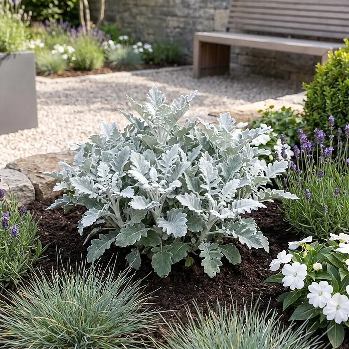 Piardino Pflanzen-Mix - Topfgröße: 11 cm - Silberlaubige Pflanze in einem Gartenbeet mit Lavendel, Gräsern und weißen Blumen. Kiesweg und Bank im Hintergrund.
