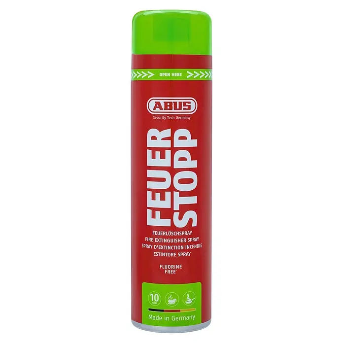 Abus Feuerlöschspray AFS625 - Geeignet für: Elektrische Anlagen bis 1.000 V (min. Abstand 1 m), 625 ml - ABUS Feuerlöschspray in roter Dose mit grünem Ober- und Unterteil, beschriftet mit 'FEUER STOPP'.