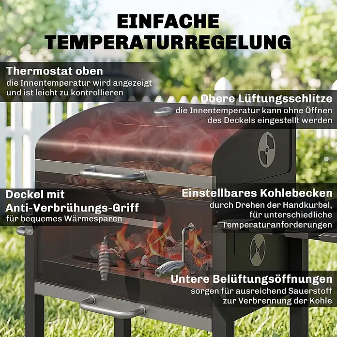 Outsunny Holzkohlegrill - Grillfläche (B x T): 41,6 x 55 cm, Durchmesser Grillfläche: 69 cm, Schwarz