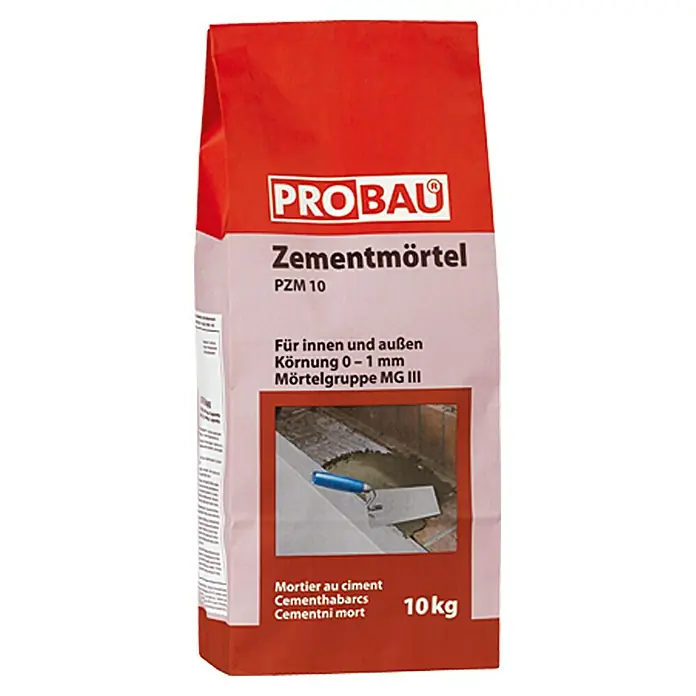 Probau Zementmörtel10 kg, Chromatarm, Zementgebunden - Bild einer Tüte PROBAU Zementmörtel PZM 10, einem vielseitigen Zementmörtel für Innen- und Außenanwendungen.