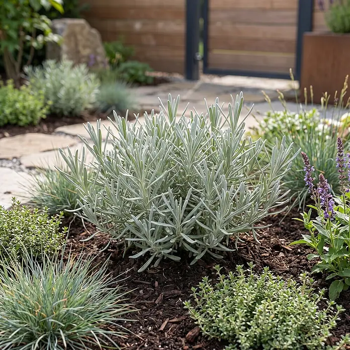 Piardino Pflanzen-Mix - Topfgröße: 11 cm - Ein lebendiger, silberblättriger Strauch wächst in einem Gartenbeet mit Mulch, umgeben von verschiedenen Grünpflanzen und einem Steinweg.