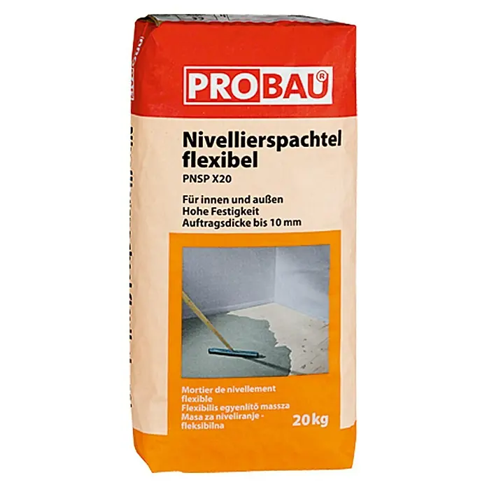Probau Nivellierspachtel flexibel - 20 kg, Schichtdicke: 0 mm - 10 mm - Ein Sack Nivellierspachtel flexibel der Marke ProBau, ideal für Innen- und Außenbereiche, mit hoher Festigkeit und Auftragsdicke bis 10 mm.