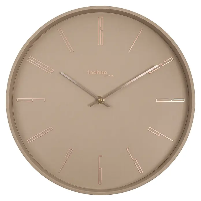 Technoline Wanduhr WT 2700 - Durchmesser: 30 cm, Beige - Eine beigefarbene Wanduhr mit 'techno line' Branding, roségoldenen, abstrakten Markierungen und Zeigern sowie einer goldenen Nabe.