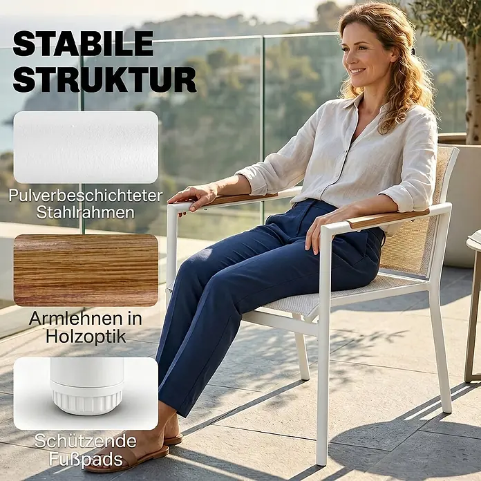 Outsunny Loungemöbel-Set - 4 -tlg., Metall, Netzstoff, Cremeweiß - Weißer, pulverbeschichteter Stahl-Gartenstuhl mit Armlehnen in Holzoptik und hellem Netzgewebe, von einer Frau auf einer Terrasse genutzt.
