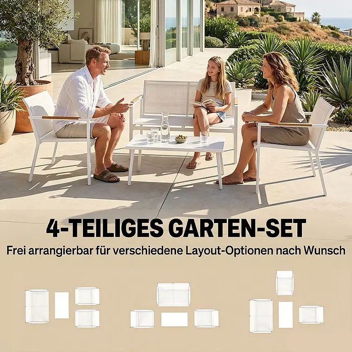 Outsunny Loungemöbel-Set - 4 -tlg., Metall, Netzstoff, Cremeweiß - Weißes 4-teiliges modulares Gartenmöbel-Set mit zwei Stühlen, einer Bank und einem Couchtisch, auf einer Terrasse genutzt.