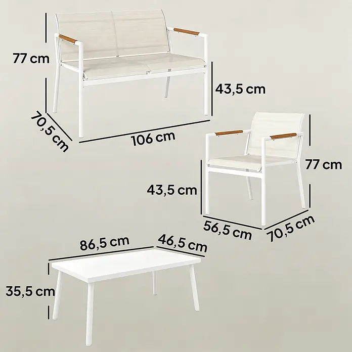 Outsunny Loungemöbel-Set - 4 -tlg., Metall, Netzstoff, Cremeweiß - Weißes Gartenlounge-Set mit Zweisitzerbank, Stuhl und Couchtisch, mit beigem Stoff und Holzarmlehnen, inklusive Maße.