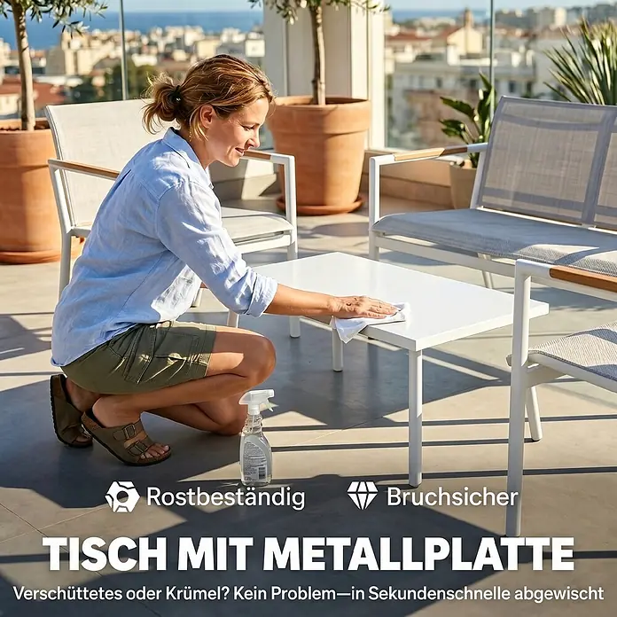 Outsunny Loungemöbel-Set - 4 -tlg., Metall, Netzstoff, Cremeweiß - Weißer Metall-Outdoor-Tisch wird von einer Frau auf einer Terrasse gereinigt, betont einfache Reinigung und Robustheit.