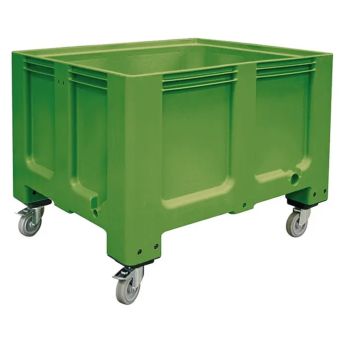 BRB Palettenbox, Industrieausführung, mit 4 Lenkrollen und 2 Feststellbremsen, 610 Liter, LxBxH 120x100x92 cm, Boden/Wände geschlossen - grün - Grüner mobiler Kunststoff-Lagerbehälter mit Rollen für Transport und Lagerung.