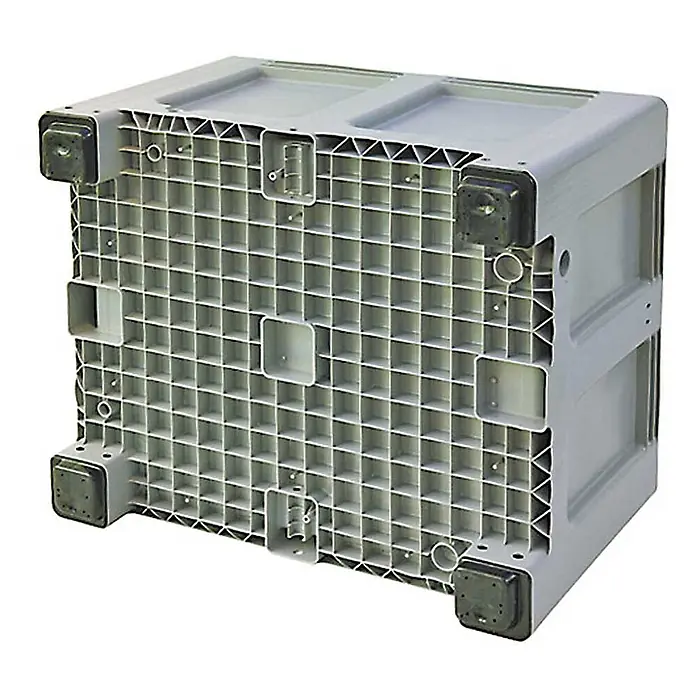 BRB Palettenbox - L x B x H: 120 x 100 x 76 cm, 610 l, grau - Grauer Kunststoff-Industriebehälter oder Palette, von unten gesehen, mit verstärkter Gitterbasis und vier schwarzen Eckfüßen.