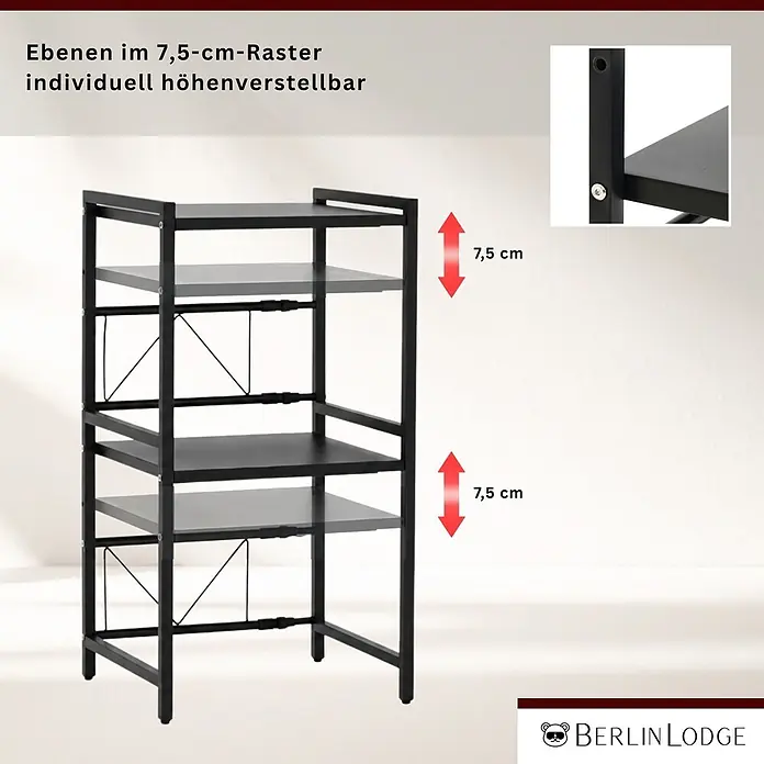 Berlinlodge Metallregal Verstellbares Mikrowellenregal NEXO 3-Stufig 80x40-60x36 cm Metall Schwarz - H x B x T: 80 x 60 x 36 cm, Anzahl Böden: 2 Stk., Schrauben, Schwarz