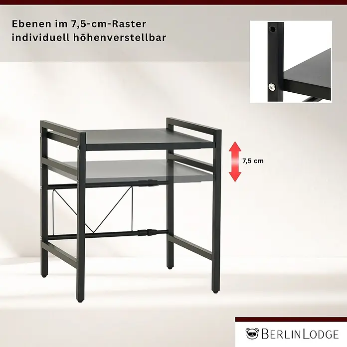 Berlinlodge Metallregal Verstellbares Mikrowellenregal NEXO 2-Stufig 46x40-60x36 cm Metall Schwarz - H x B x T: 46 x 60 x 36 cm, Anzahl Böden: 1 Stk., Schrauben, Schwarz - Schwarzes Metallregal mit zwei dunklen, höhenverstellbaren Einlegeböden, zeigt 7,5 cm Verstellbereich.