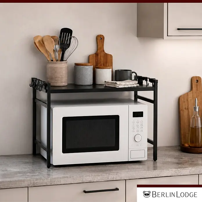 Berlinlodge Metallregal Verstellbares Mikrowellenregal NEXO 2-Stufig 46x40-60x36 cm Metall Schwarz - H x B x T: 46 x 60 x 36 cm, Anzahl Böden: 1 Stk., Schrauben, Schwarz - Schwarzes Metall-Mikrowellenregal für die Küchenarbeitsplatte. Hält Mikrowelle unten, Utensilien und Dosen oben.