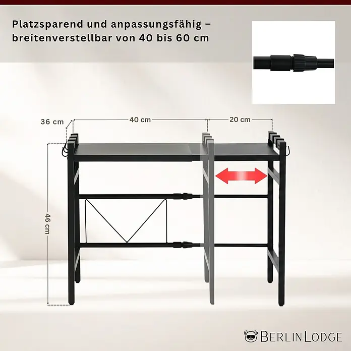 Berlinlodge Metallregal Verstellbares Mikrowellenregal NEXO 2-Stufig 46x40-60x36 cm Metall Schwarz - H x B x T: 46 x 60 x 36 cm, Anzahl Böden: 1 Stk., Schrauben, Schwarz - Schwarzmetallisches, breitenverstellbares Regal (40-60 cm breit, 46 cm hoch, 36 cm tief).