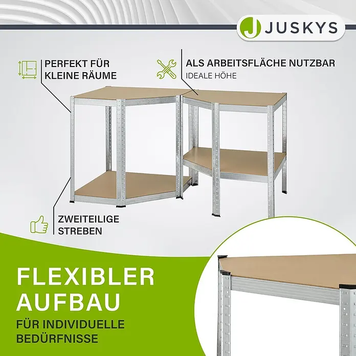 Juskys Eckregal - H x B x T: 160 x 75 x 75 cm, Traglast pro Boden: 80 kg, Anzahl Böden: 4 Stk., Silber