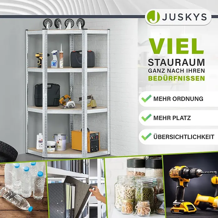 Juskys Eckregal - H x B x T: 160 x 75 x 75 cm, Traglast pro Boden: 80 kg, Anzahl Böden: 4 Stk., Silber