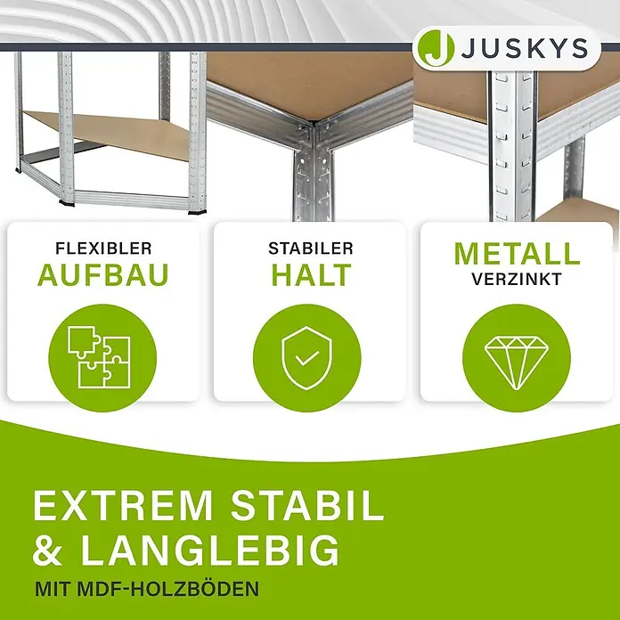 Juskys Eckregal - H x B x T: 160 x 75 x 75 cm, Traglast pro Boden: 80 kg, Anzahl Böden: 4 Stk., Silber