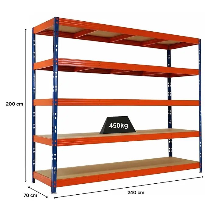 Proregal Schwerlastregal - H x B x T: 200 x 240 x 70 cm, Traglast pro Boden: 450 kg, Anzahl Böden: 5 Stk., Stecken, Schwarz