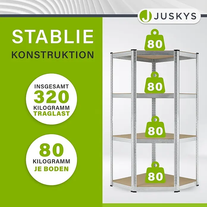Juskys Eckregal - H x B x T: 160 x 75 x 75 cm, Traglast pro Boden: 80 kg, Anzahl Böden: 4 Stk., Silber