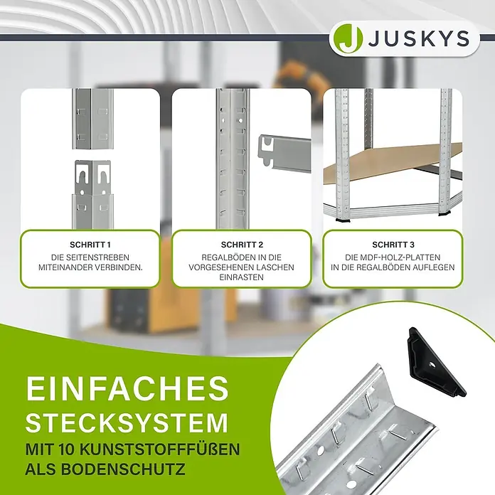 Juskys Eckregal - H x B x T: 160 x 75 x 75 cm, Traglast pro Boden: 80 kg, Anzahl Böden: 4 Stk., Silber