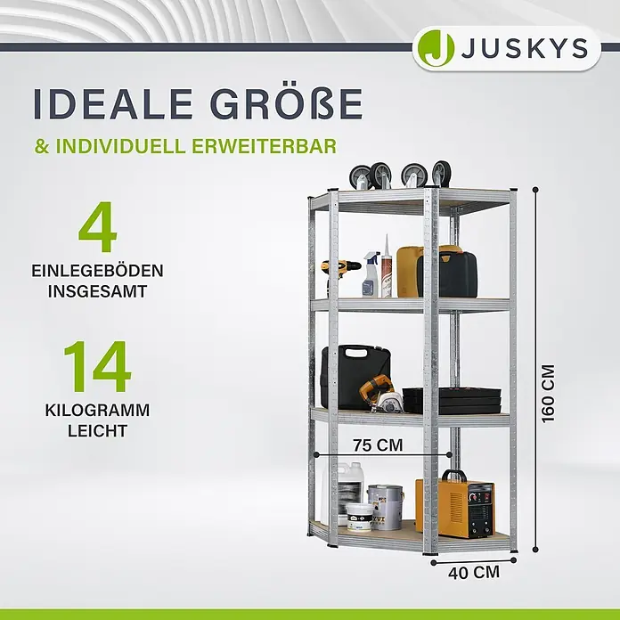 Juskys Eckregal - H x B x T: 160 x 75 x 75 cm, Traglast pro Boden: 80 kg, Anzahl Böden: 4 Stk., Silber