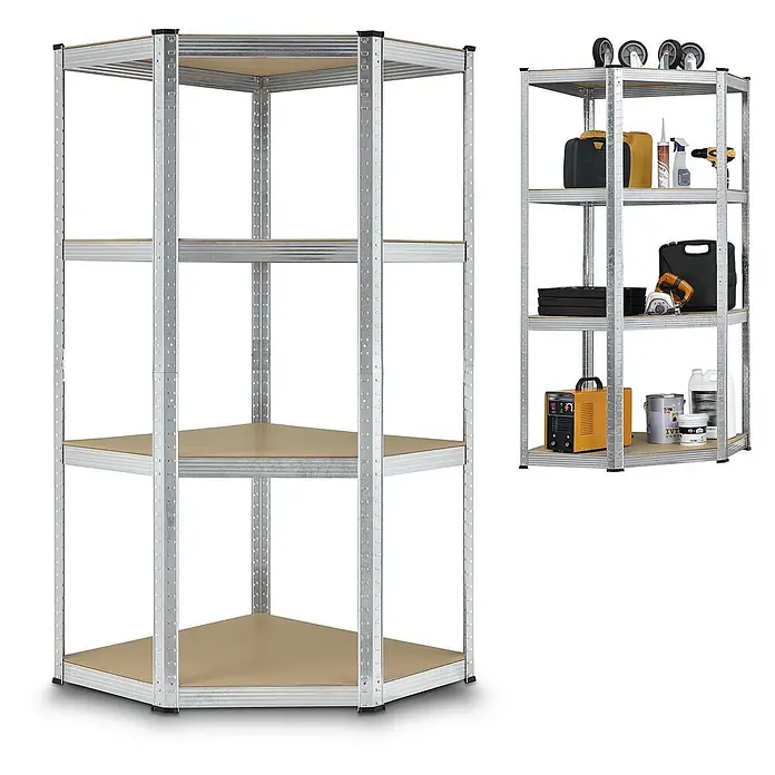 Juskys Eckregal - H x B x T: 160 x 75 x 75 cm, Traglast pro Boden: 80 kg, Anzahl Böden: 4 Stk., Silber