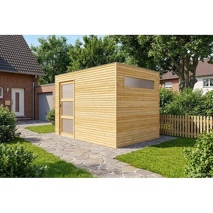 Alpholz Gartenhaus QBS 28mm Wandstärke - Außenmaß inkl. Dachüberstand (B x T): 300 x 210 cm, Holz, Braun - Helles Gartenhaus aus Holz mit Tür und Querfenster, auf gepflastertem Weg in grünem Garten neben einem Haus.