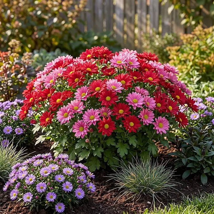 Piardino Herbst-Chrysantheme - Dendranthema indicum 'Swifty' (syn. Chrysanthemum indicum), Topfgröße: 17 cm, Sortenabhängig - Ein leuchtender Busch roter und pinker Chrysanthemen blüht im Garten, mit kleinen lila Blumen im Vordergrund.
