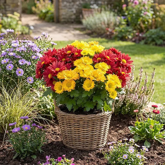 Piardino Herbst-Chrysantheme - Dendranthema indicum 'Swifty' (syn. Chrysanthemum indicum), Topfgröße: 17 cm, Sortenabhängig - Ein Weidenkorb mit leuchtend roten und gelben Chrysanthemen steht in einem sonnigen Garten zwischen anderen Pflanzen.