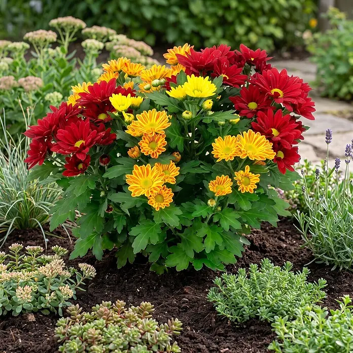 Piardino Herbst-Chrysantheme - Dendranthema indicum 'Swifty' (syn. Chrysanthemum indicum), Topfgröße: 17 cm, Sortenabhängig - Lebhafte rote und gelbe Chrysanthemenblüten in einem Gartenbeet, umgeben von grünem Laub.